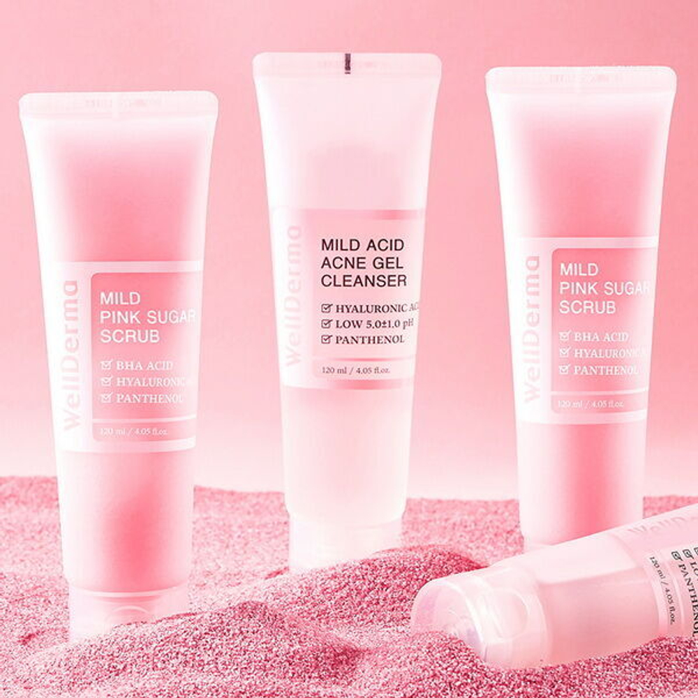 Слабокислотный набор для очищения кожи WellDerma G Plus Mild Acid Acne Gel Cleanser & Pink Sugar Scrub Set