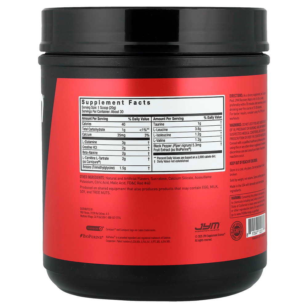 JYM Supplement Science, Post JYM, BCAA + Recovery Matrix, радужный щербет, 600 г (1,3 фунта)