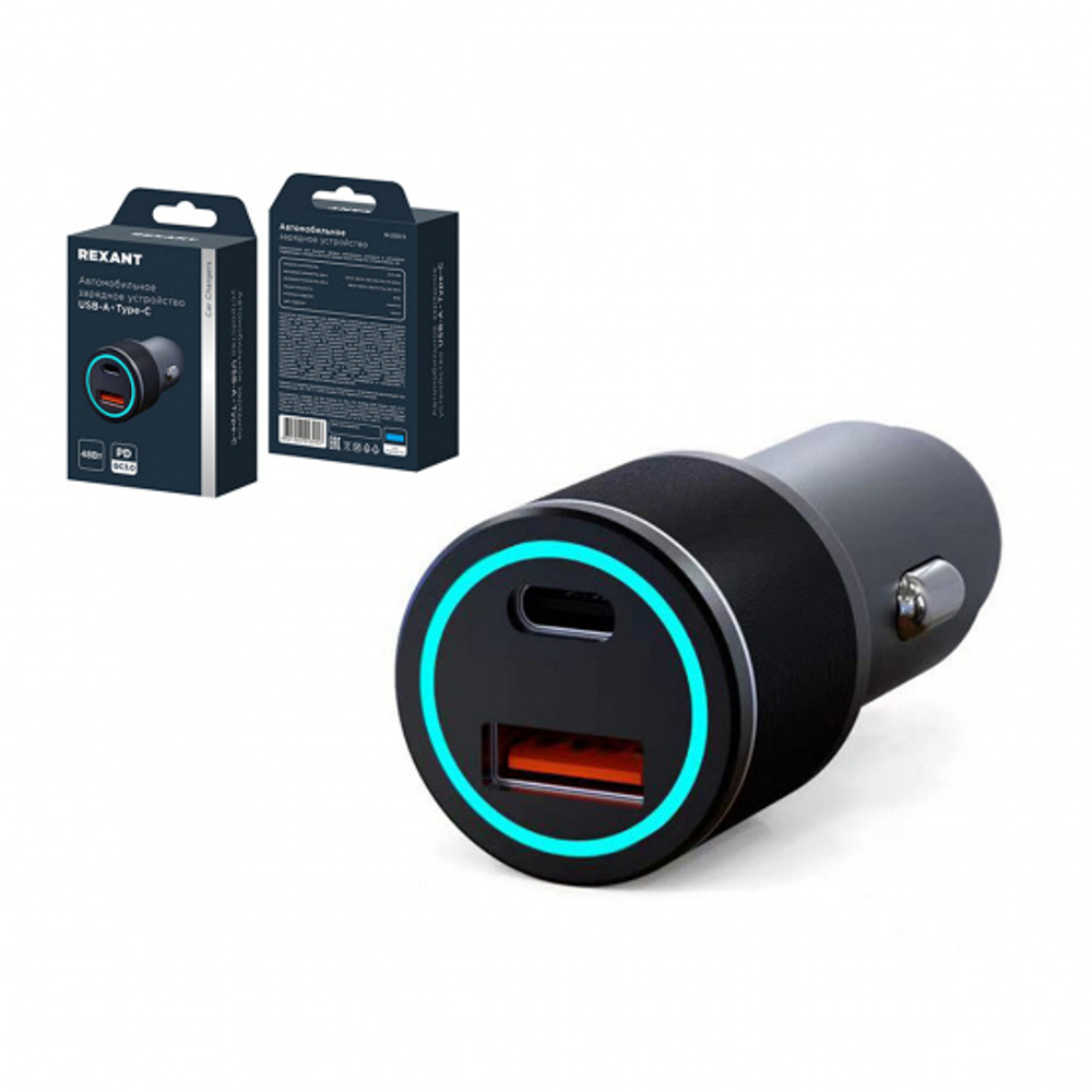 Автомобильное зарядное устройство c двумя портами (USB-C + USB-A) c LED-подсветкой, 48Вт REXANT 18-2230-5