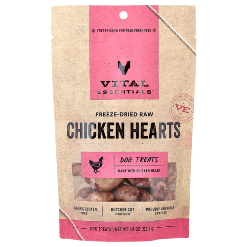 Vital Essentials, сублимированные необработанные лакомства для собак, со вкусом куриных сердечек, 53,9 г (1,9 унции)