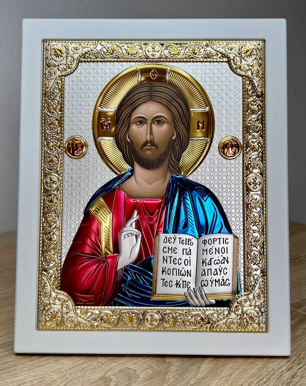 Спаситель, икона прямоугольная с рамкой, белое дерево, эмаль 185х235