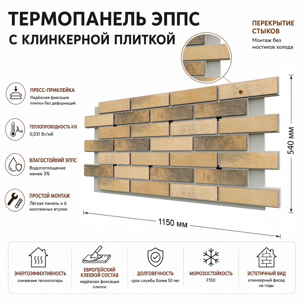Клинкерная фасадная термопанель ЭППС Cerrad Loft brick Masala 1150x540