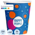 Стакан одноразовый бум односл. 250 мл d-80мм Happy People МИКС 50шт/уп