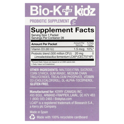 Bio-K+, Kidz, пробиотическая добавка, для детей от 2 лет, без вкусовых добавок, 28 пакетиков по 1 г (0,04 унции)