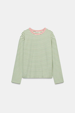 ZARA ФУТБОЛКА В ПОЛОСКУ С ДЛИННЫМИ РУКАВАМИ, ЗЕЛЕНАЯ ПОЛОСА
