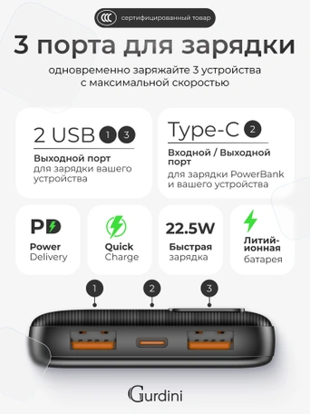 Дополнительный аккумулятор Gurdini Speed Series PD+LCD 22.5W GPPD-01B 10000 mAh Черный (ССС)