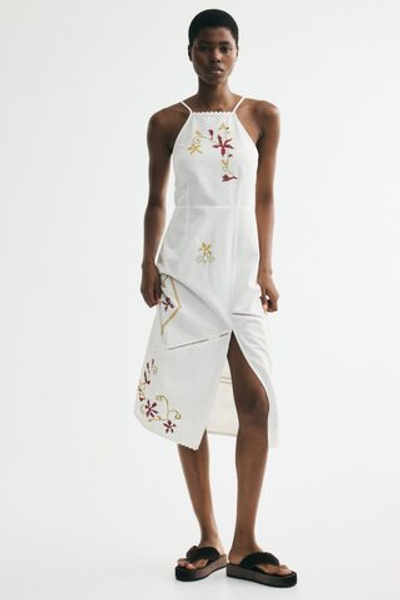 Платье из смеси льна с вышивкой - H&M