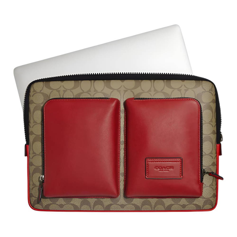 COACH Coated Canvas With Calfskin Laptop Bag Large Men"s Khaki & Red