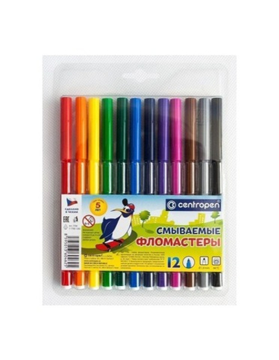 Фломастеры 12цв. CENTROPEN Пингвины, круглые, смываемые, 7790