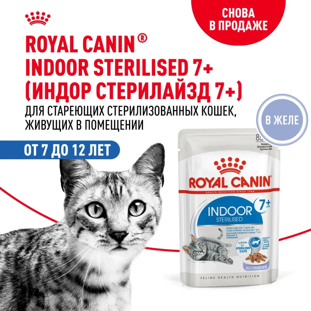 Корм влажный для кошек Royal Canin Indoor Sterilised 7+ кусочки в желе, 85г