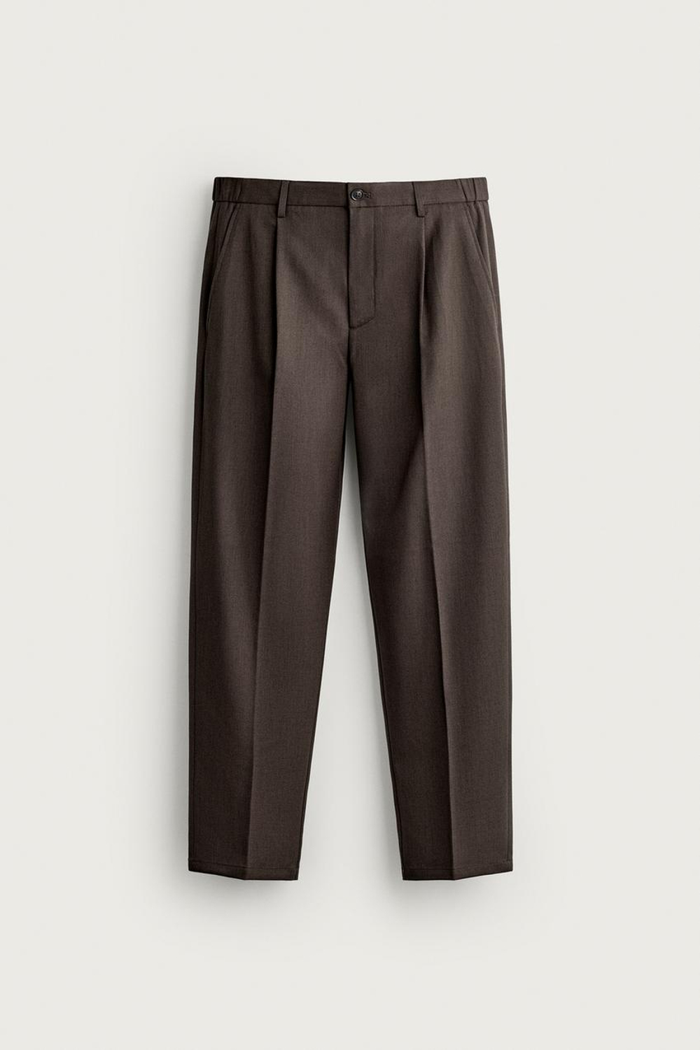 ZARA БРЮКИ SLIM FIT СО СКЛАДКАМИ, КОРИЧНЕВЫЙ