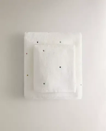 ZARA HOME ДЕТСКОЕ КУПАЛЬНОЕ ПОЛОТЕНЦЕ С ВЫШИВКОЙ «ЗВЕЗДЫ», ЖЕЛТОВАТО-БЕЛЫЙ