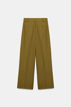 ZARA БРЮКИ СО СКЛАДКАМИ И ШЛЕВКАМИ, ЦВЕТ ОЛИВКОВОГО МАСЛА