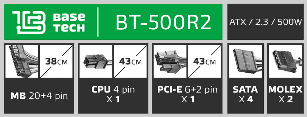 Блок питания ATX BaseTech R2, 500W, Bulk, 1x4+4pin, 1x6+2PIN, 4xSATA, 2xMOLEX (BT-500R2)