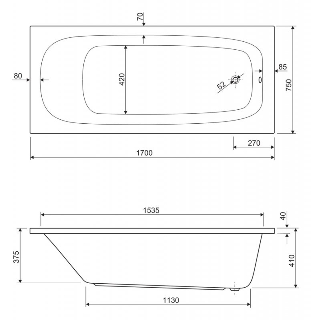 Ванна акриловая Cezares ECO 170x70 см ECO-170-70-41-W37