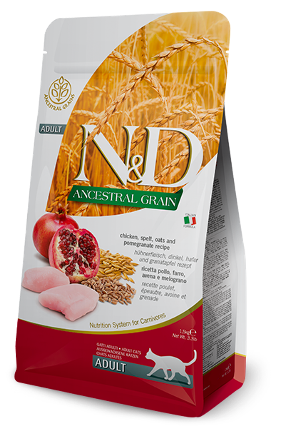 Фармина N&D Cat AG низкозерновой курица, спельта, овес и гранат для взрослых кошек, 1,5кг