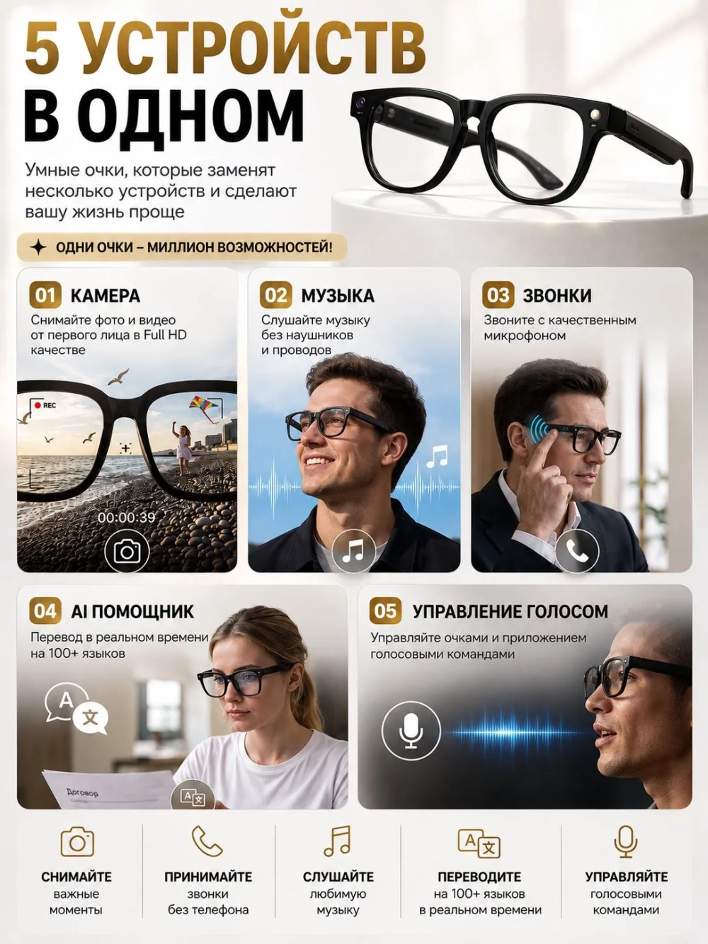 Очки с камерой Smart Glasses, черный