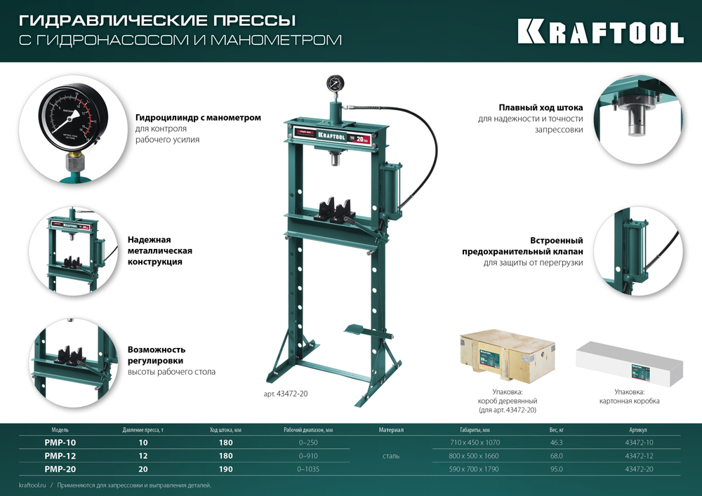 KRAFTOOL PMP-20, 20 т, гидравлический пресс с гидронасосом и манометром (43472-20)