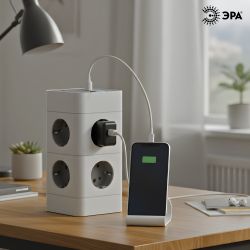 Сетевой фильтр ЭРА TWR-8es-1,5m-4USB-W башня с защитой заземлением с выключателем 8 розеток+4xUSBA+C 1,5м 16А белый | Электротовары