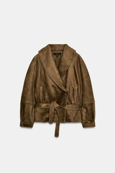 ZARA КУРТКА ИЗ ЗАМШИ С РЕМНЕМ, РЫЖЕВАТО-КОРИЧНЕВЫЙ
