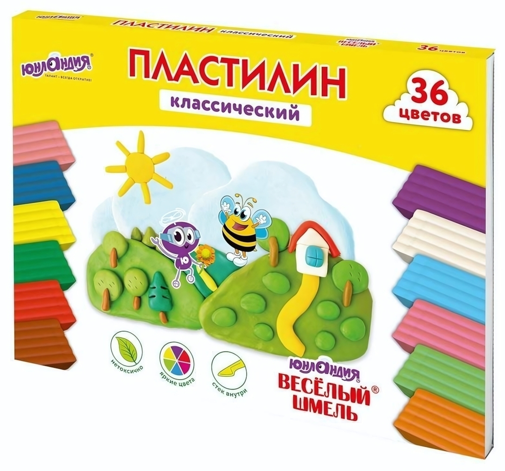 Пластилин классический 36 цветов 720г со стеком "ВЕСЁЛЫЙ ШМЕЛЬ" (ЮНЛАНДИЯ)