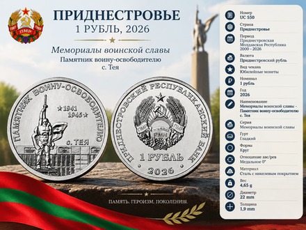 Приднестровье 1 рубль, 2026 Памятник воину-освободителю