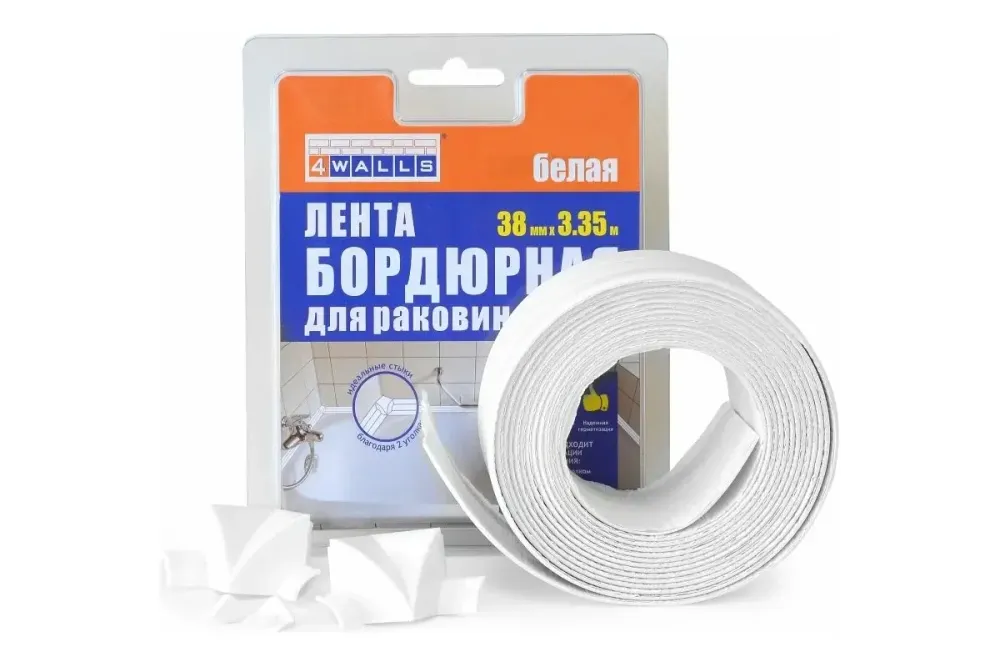 Бордюрная лента, 38 мм, 3.35 м, белая, 2 уголка + 2 заглушки, 4Walls, 17317