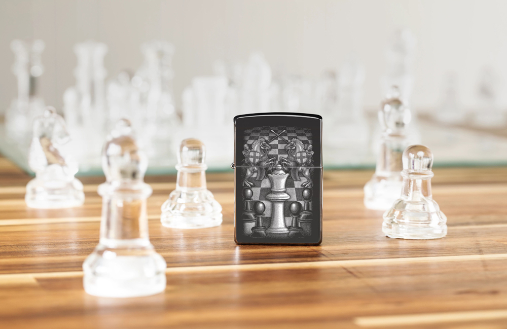 Зажигалка Zippo Chess Design с покрытием High Polish Black, латунь/сталь, черная, 38x13x57 мм