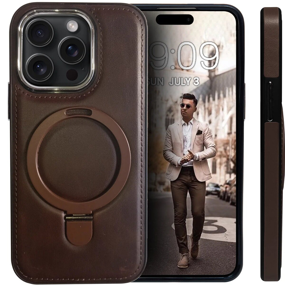 Business style чехол из кожи для IPHONE 14 PRO с кольцом-подставкой и бархатной подкладкой