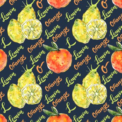 Акварельные апельсины и лимоны. Надписи orange, lemon на темном фоне