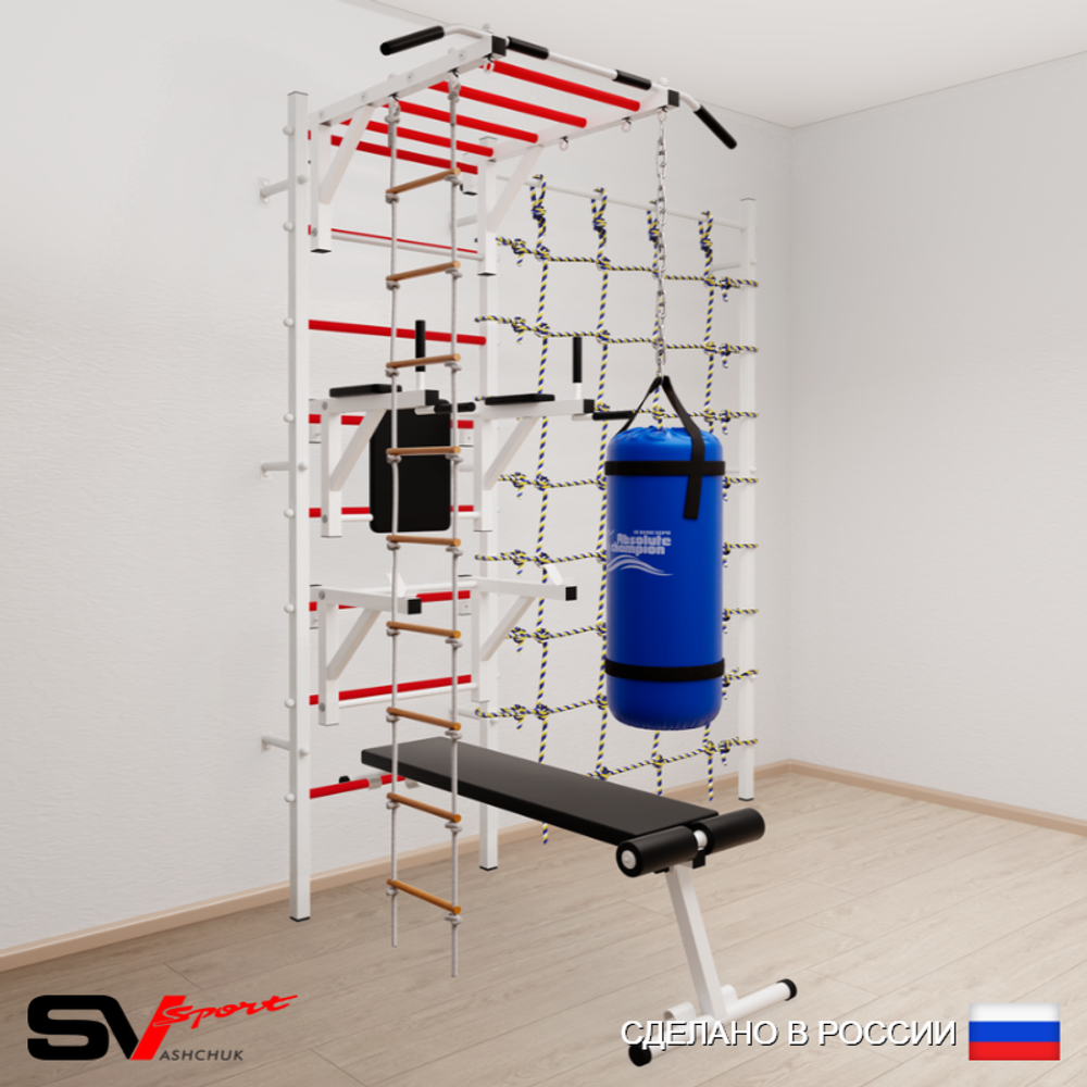 Шведская стенка Sv Sport усиленная 66210 (Турник рукоход/Брусья/Стойка/Скамья/Лестница/Цепь/Мешок 15кг/Канатный лаз)