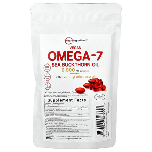 Micro Ingredients, веганское облепиховое масло с омега-7 и маслом примулы вечерней, 240 вегетарианских капсул