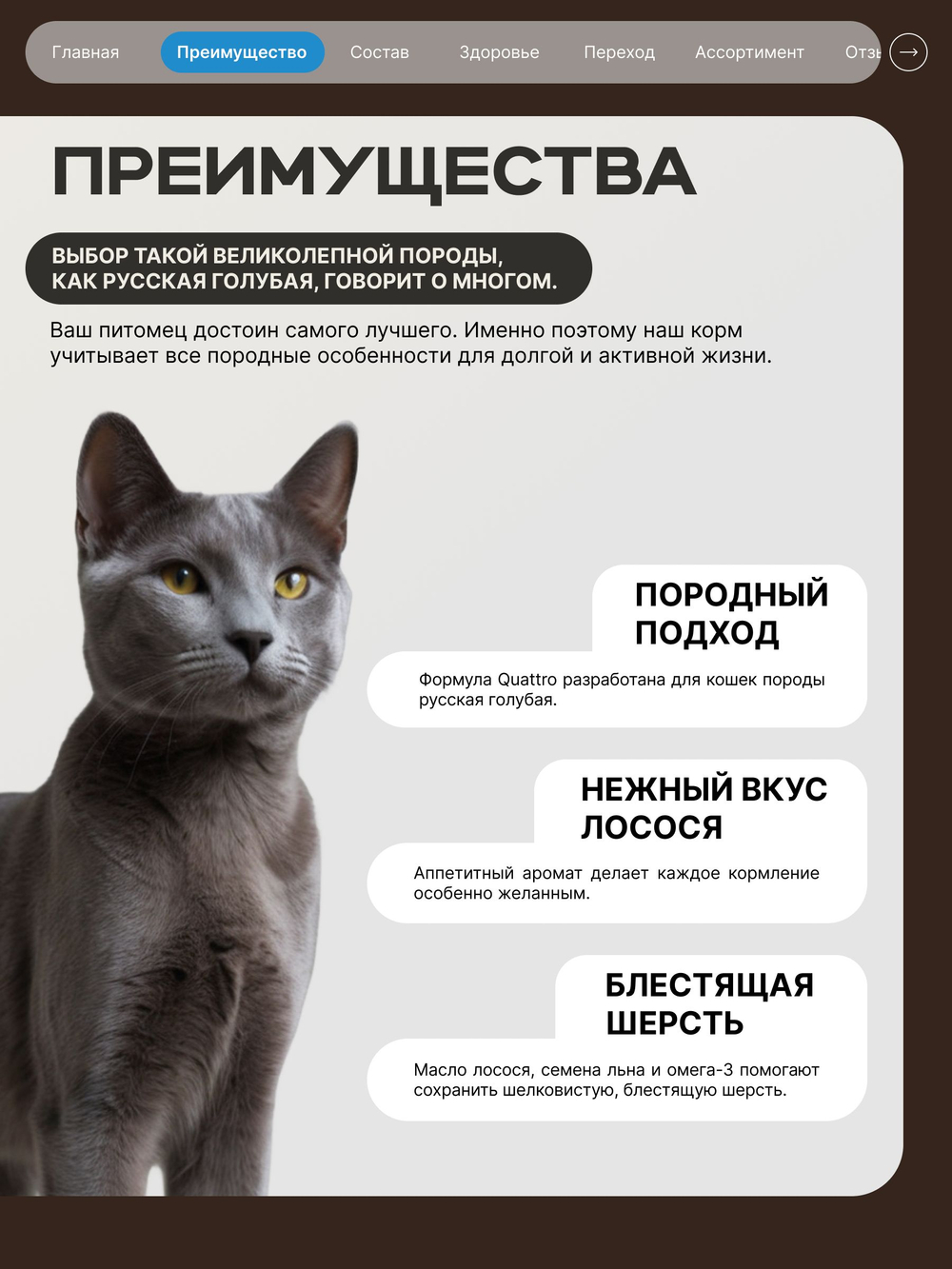 Корм сухой для взрослых кошек породы Русская голубая, с лососем, 5 кг, QUATTRO