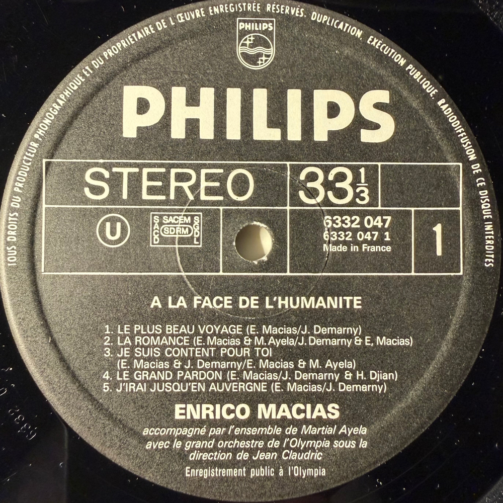 Enrico Macias ‎– À La Face De L'humanité (Франция 1972г.) Т