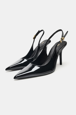 ZARA ТУФЛИ НА КАБЛУКЕ С МЕТАЛЛИЧЕСКОЙ ПРЯЖКОЙ, ЧЕРНЫЙ