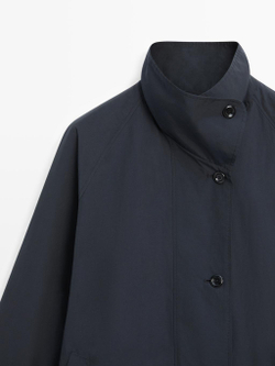 Massimo Dutti Тренч из высокотехнологичной ткани с воротником-стойкой, темно-синий