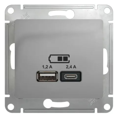 GLOSSA USB РОЗЕТКА А+С, 5В/2,4А, 2х5В/1,2А, механизм, АЛЮМИНИЙ