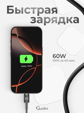 Кабель Type-C to Type-C Gurdini Braided Data Cable 20V/3A 60W 1m черный