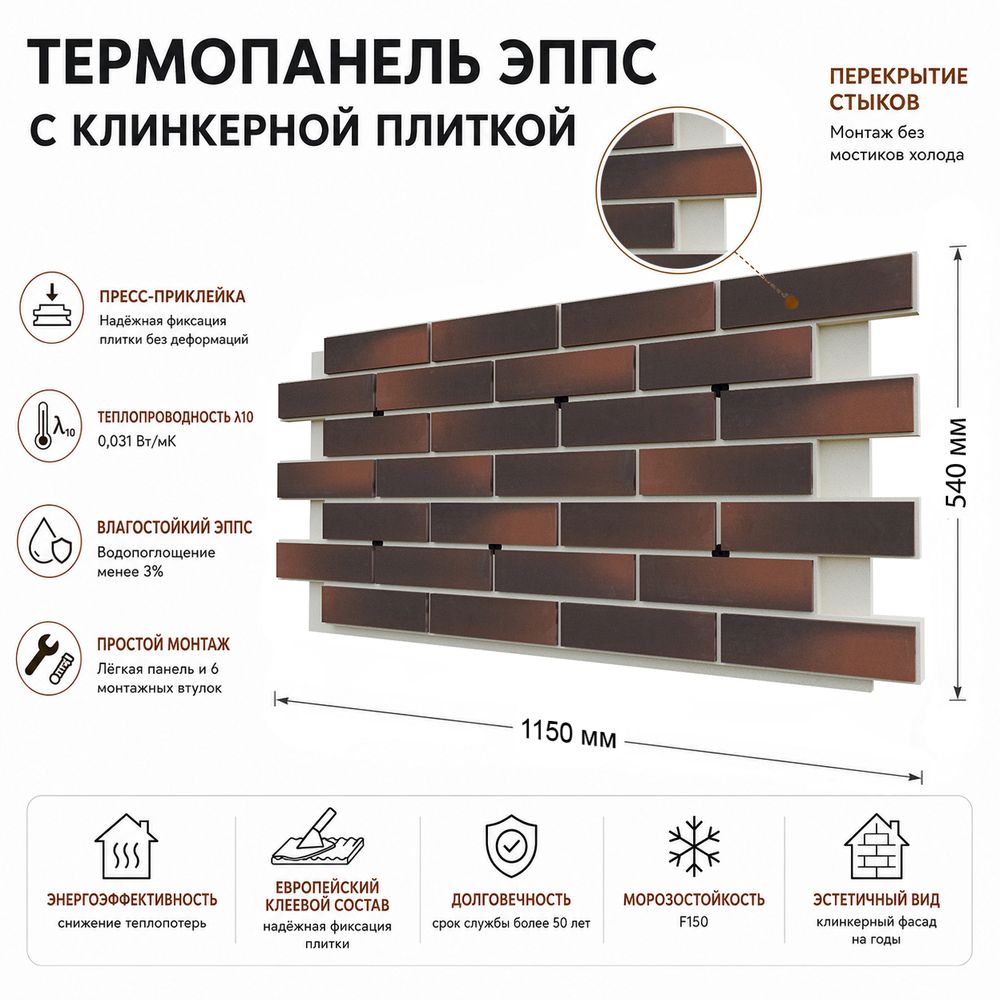 Клинкерная фасадная термопанель ЭППС Береза Керамика Арта Терракотовый 1150x540