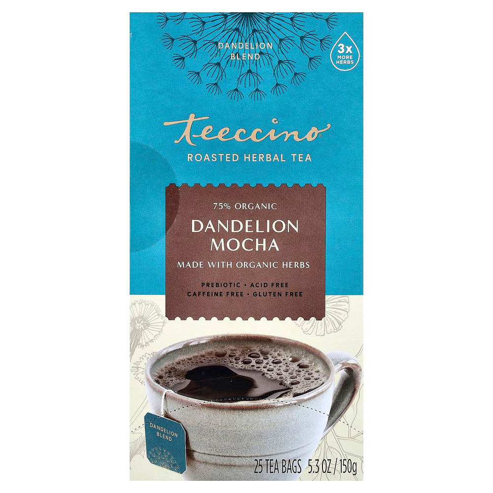 Teeccino, Жареный травяной чай, мокко из одуванчика, без кофеина, 25 чайных пакетиков, 150 г (5,3 унции)