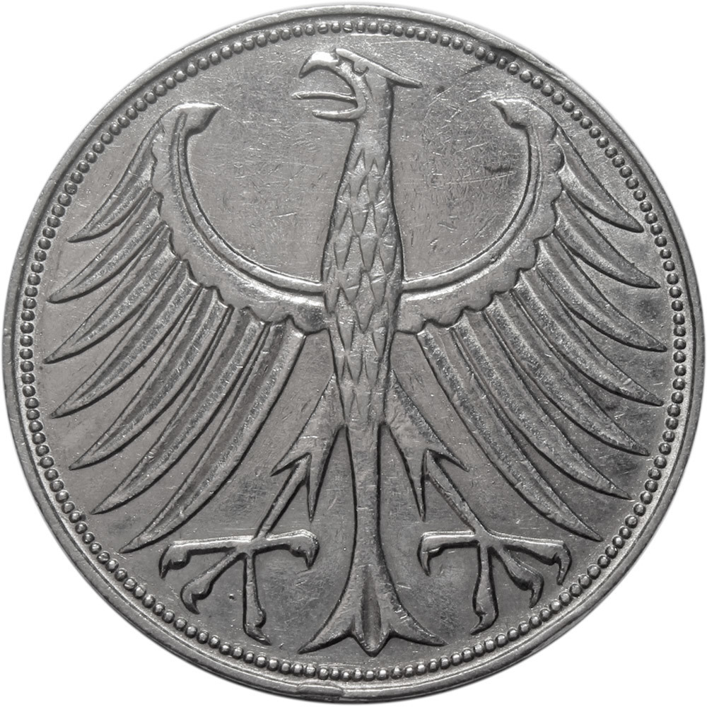 5 марок. Германия. (G). Серебро. 1957 год. VF