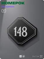 Номерок на дверь квартиры 148, для кабинета, офиса, шильдик 9 х 7 см, черный, Айдентика Технолоджи
