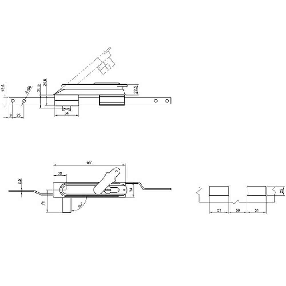 Замок мебельный MS-1848-3KA/P (ригель изогнутый на 8мм, мастер-ключ)