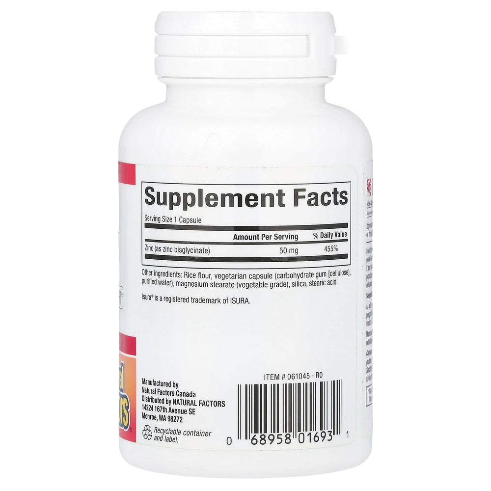 Natural Factors, Бисглицинат цинка, 50 мг, 60 вегетарианских капсул