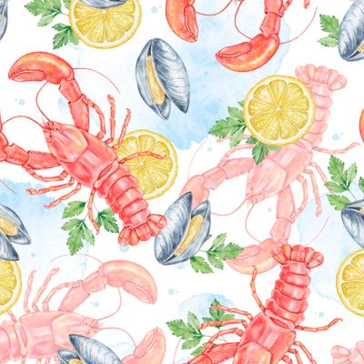 Яркие морепродукты, лобстеры и мидии