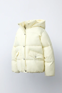 ZARA СТЕГАНАЯ КУРТКА WATER-REPELLENT С КАПЮШОНОМ, ЦВЕТ СЛИВОЧНОГО МАСЛА