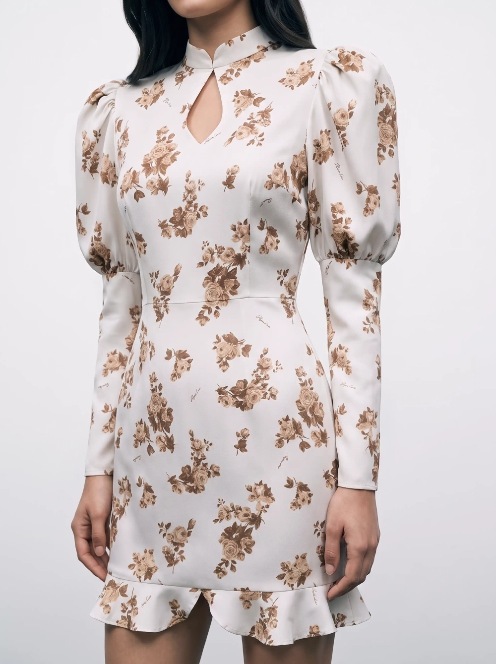 Джианетта мини (Giannetta mini), платье мини из молочного крепдешина с коричневыми цветами