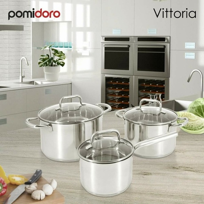 Набор кастрюль (6л, 3,7л, ковш 2л) нерж со стеклянными крышками "Vittoria"
