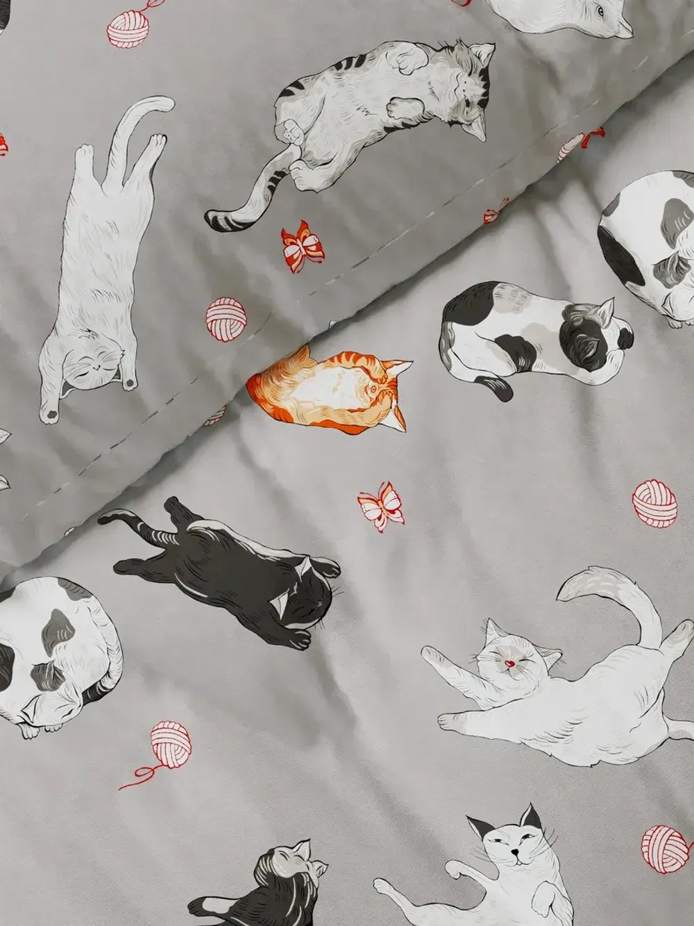 Постельное белье "Kitties" евро наволочки 50х70 2шт Простынь на резинке 180х200 см Пододеяльник 200х215 см Сказка сатин
