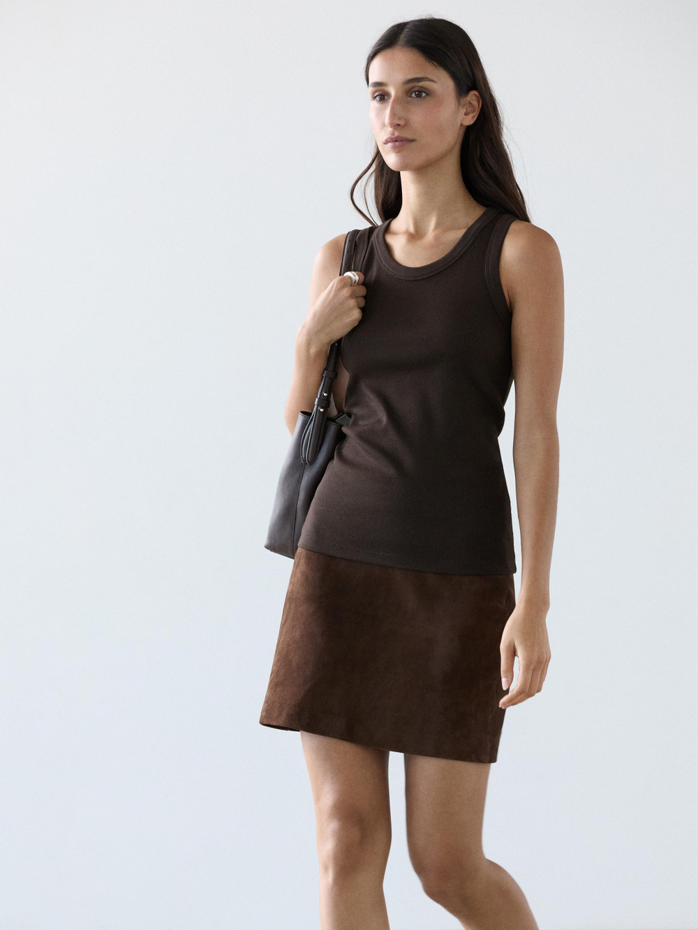Massimo Dutti Футболка из смесовой хлопковой ткани, коричневый
